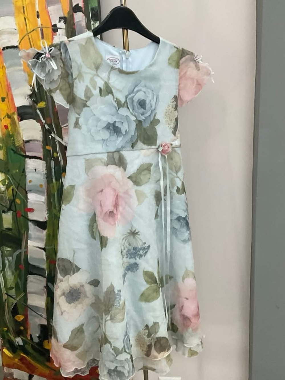 Talbots Kids Girls Light Blue Floral Party Dress with Pink Rose Accent Size 8